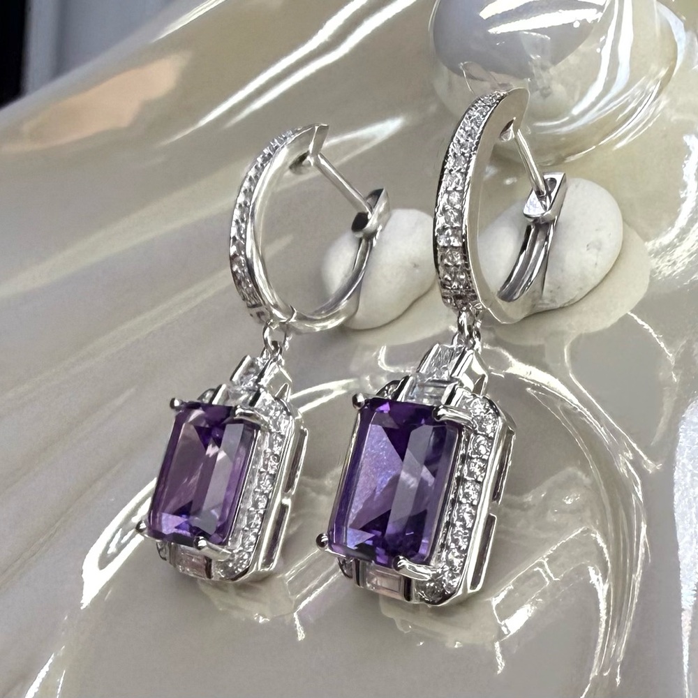 EA1 6.9CT High Quality Natural Russian Amethyst Huggies Earrings Rhodium S925 - Picture 6 of 12